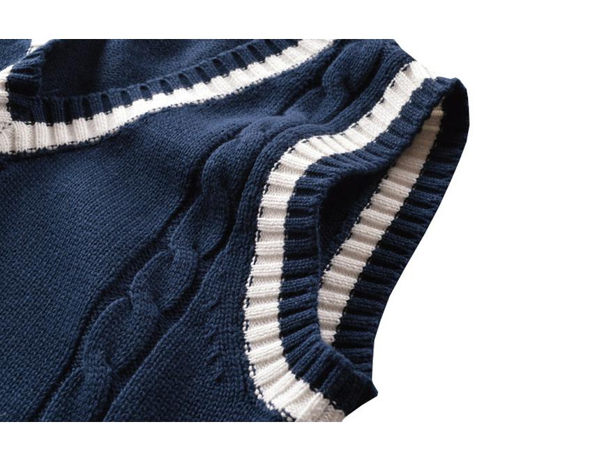 In-Stock Academy British Style JK Unisex Cable Knit V-Neck Color Block Sweater Vest