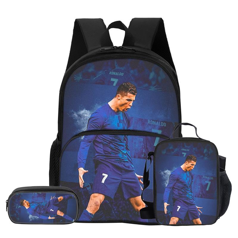 3 Pcs Set with Front Pocket Backpack Ronaldo with Thermal Insulated Lunch Tote Purse CR Pencil Case Football Star Rucksack