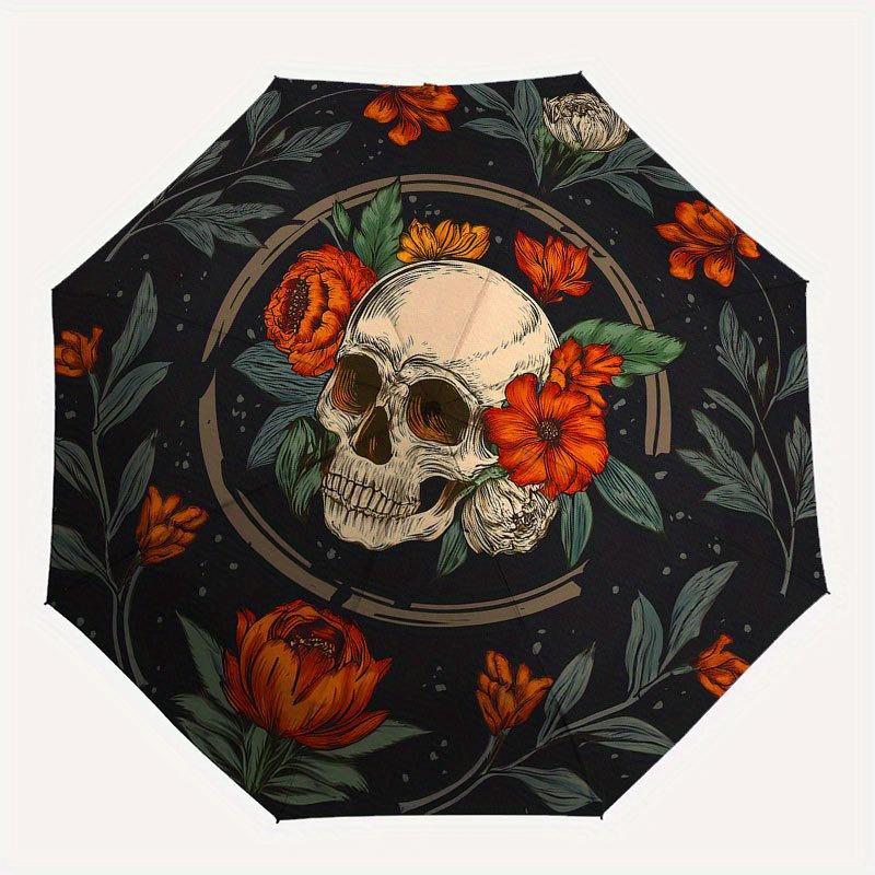 Day of the Dead Skull & Flowers Circular Wall ArtUmbrella with Cute Design, Portable 3-Fold Compact Umbrella for Men & Women, Valentine's Day Mother's