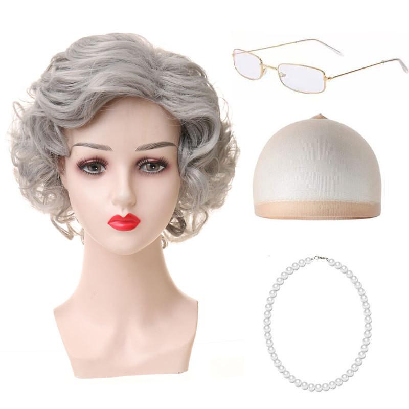 Versatile Short Curly Costume Wig Set For Grandmother Character Halloween Dress Up