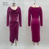 Womens Sexy Long Sleeve Slim Fit Pleated Maxi Dress Velvet Bodycon Split Party