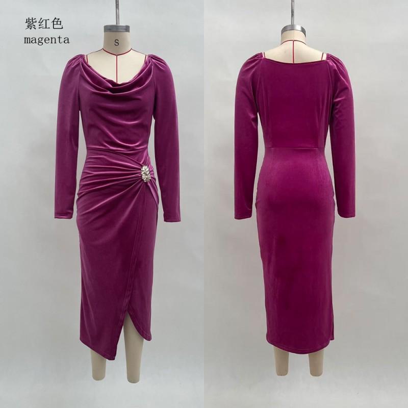 Womens Sexy Long Sleeve Slim Fit Pleated Maxi Dress Velvet Bodycon Split Party