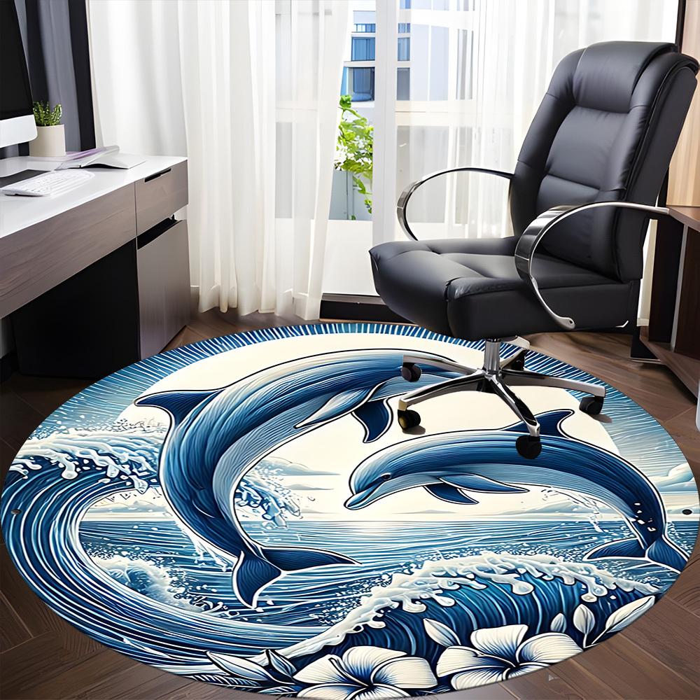 1 szt. Okrągły dywanik biurowy z motywem fal i delfinów, Mata wewnętrzna odpowiednia do biura, Pod krzesła biurowe, Sypialni, Salonu, Wystroju domu, Dekoracja pokoju