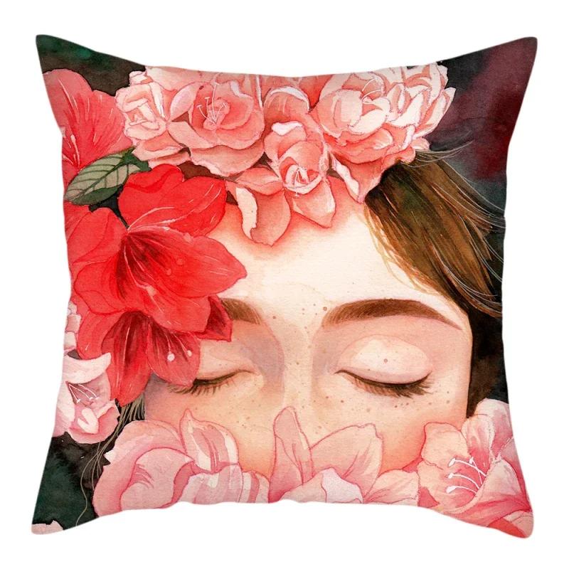 Abstract Flower Girl Painting Picture Cushion Cover Polyester Pillows Cover For Home Sofa Decorative Throw Pillowcase 45X45Cm