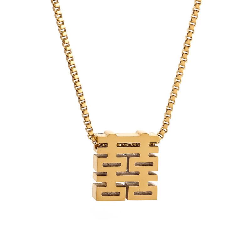 18K Gold-Plated Chinese "Double Happiness" & "Fortune" Pendant Necklace for Women, Titanium Steel, Colorfast