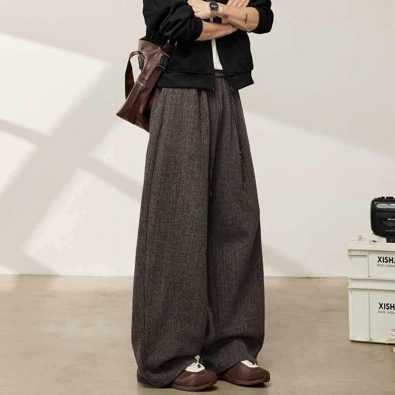 Mens Loose Retro Casual Drooping Straight Long Imitation Wool Trousers