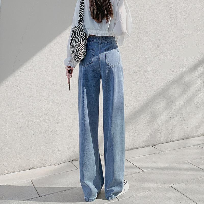 Multi-button Adjustable Jeans Women's High Waist and Thin Students Versatile Loose Straight Drape Wide-leg Floor-mopping Pants