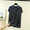 Women's Hooded Short Sleeve Tee Loose Casual Modal Knit Top Summer Daily Pocket Pullover