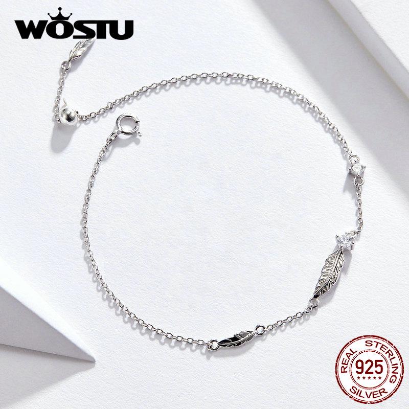 WOSTU European Style Feather Bracelets 925 Sterling Silver CZ Stone Chain Link Women Silver Jewelry