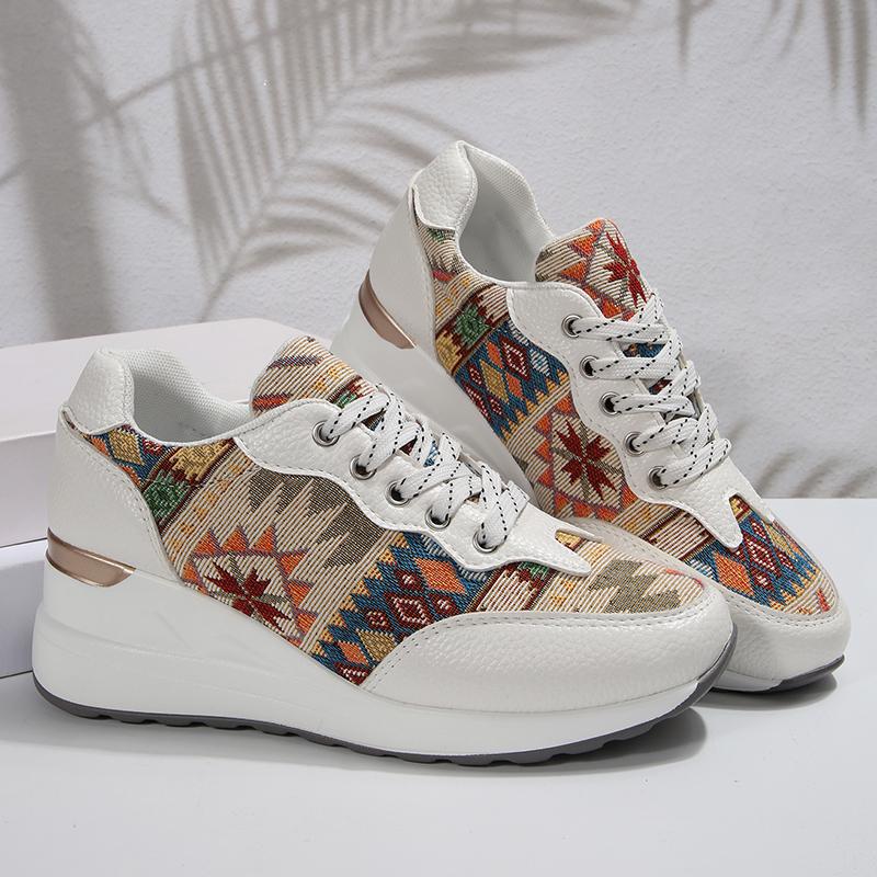 Bohemian Style Wedge Heel Sneakers Women Autumn 2025 Geometric Pattern Casual Sports Shoes Woman Lightweight Platform Sneakers