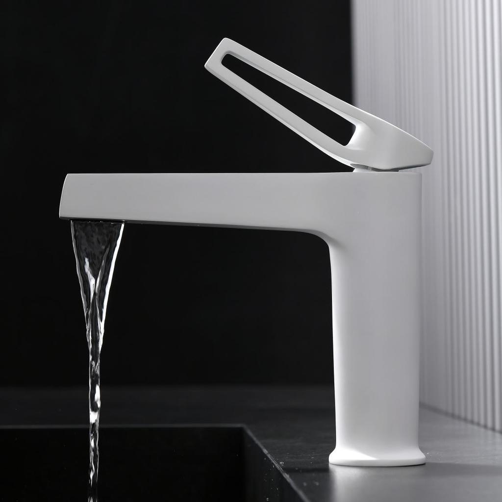 Bathroom Undermount Basin Faucet Waterfall Spout,Cold and Hot Mixer, Hollow-Out Handle, tap White