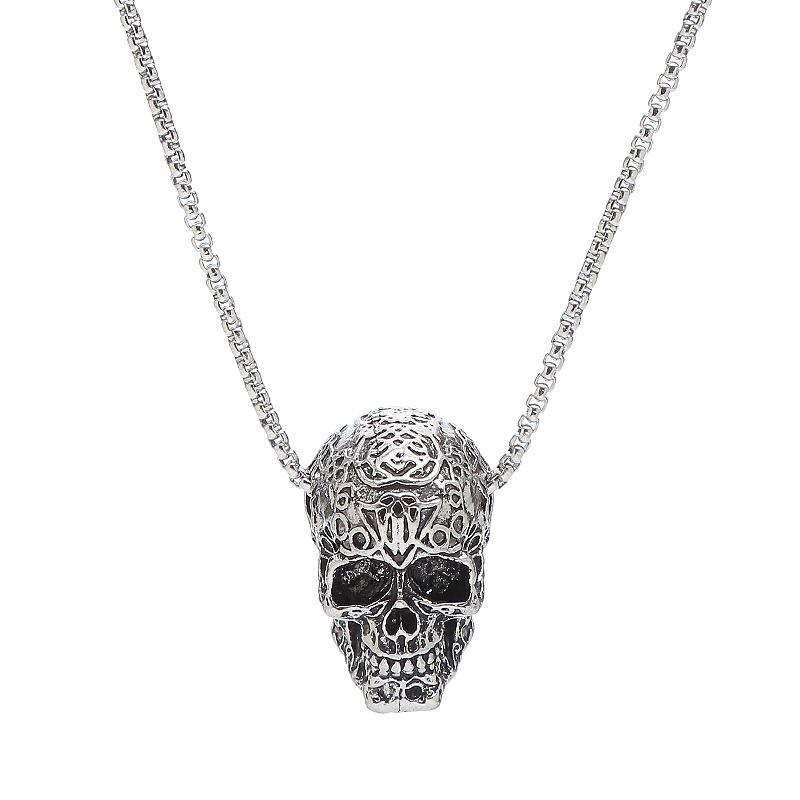 Wu's 2022 Retro Hip Hop Punk Stainless Steel Skull Necklace Men's Rock Personality Long Pendant Necklace Boho Halloween Ornament