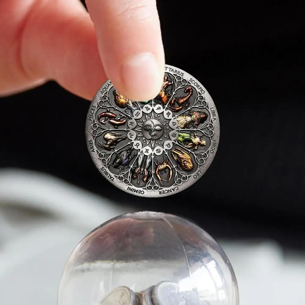Twelve Constellations Silver Challenge Coin Tuvalu High Relief Antique Silver Coin Colorful Souvenir Coins Collectible Gift Coin