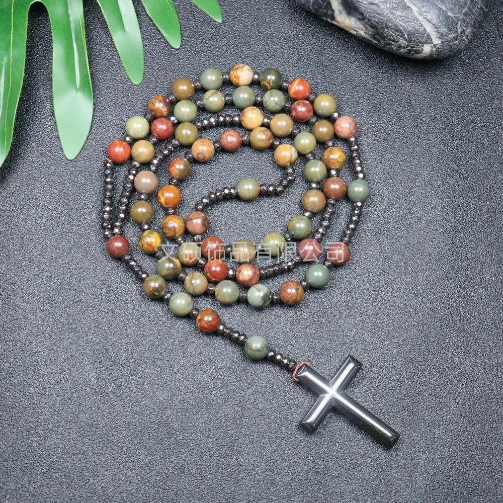 Collier pendentif croix en pierre naturelle, Croix en pierre d'œil de tigre et fer à bille chapelet collier pour homme
