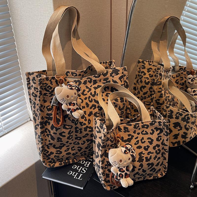 Borsa in Velluto a Coste con Stampa Leopardo di Grande Capacità Borsa Tote da Donna Borsa a Spalla Versatile di Nicchia da Donna