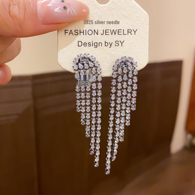 European & American Silver Needle Zircon Water Drop Tassel Earrings - Fashionable, Versatile, High-End Studs for Women