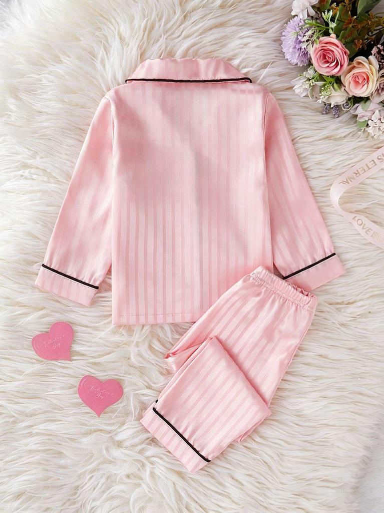 Baby Girls Satin Pajama Set, Pink Striped Long Sleeve Button Down Sleepwear Loungewear for 6M-3Y