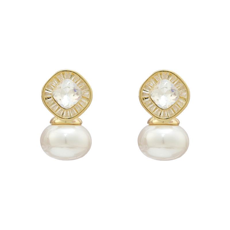 Rhombus Zircon Pearl Stud Earrings High-End Sense Niche Fashion Light Luxury Temperament Earrings Women'S Earrings