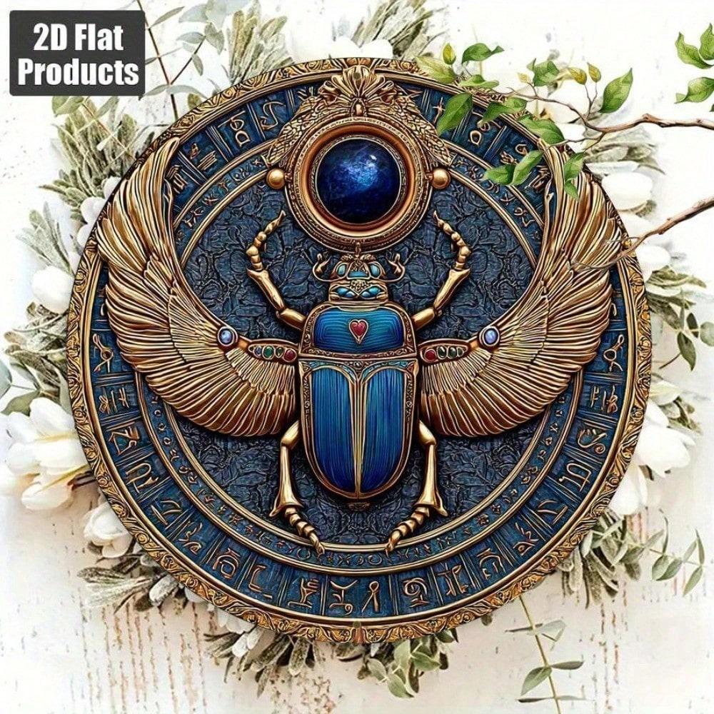 

Vintage Egyptian Scarab Beetle Metal Wall Art Plaque 8x8 Inch Retro Home Decor Hieroglyphics Golden Accents 2D Flat Aluminium Sign 20x20 різнокольоровий
