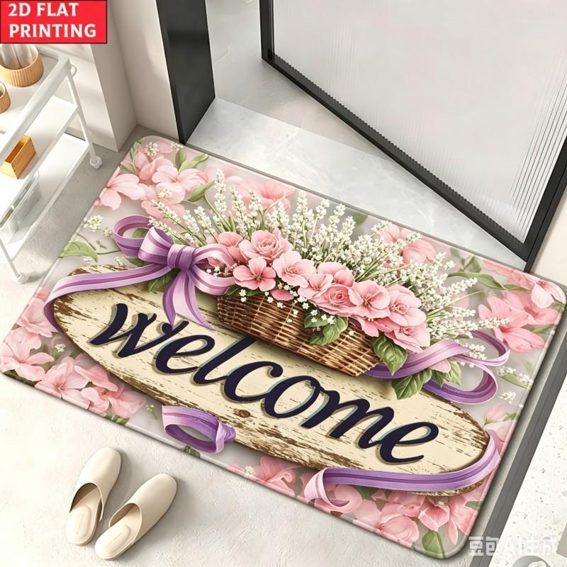 Panier de Fleurs de Lavande Tapis de Bienvenue Anti-Dérapant Tapis de Porte Floral Violet Ruban Tapis de Sol Tapis de Cuisine Entrée de Salon 60X90cm