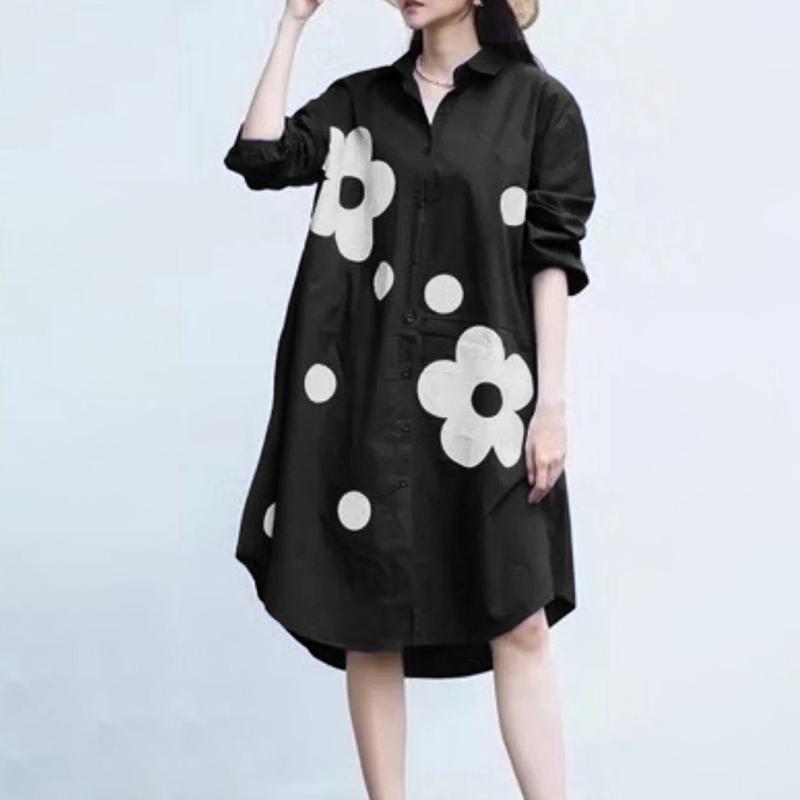 

ZANZEA Women Casual Turn Down Collar Long Sleeve Floral Print Loose Shirt Dress S чёрный