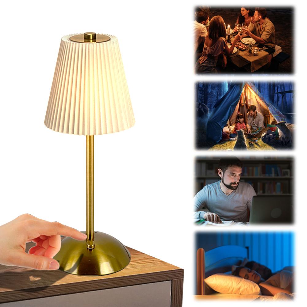 Cordless Table Lamp Small Night Light 3 Light Colors Simple Reading Light with Pleated Lampshade for Restaurant Bar Coffee Shop