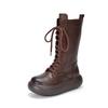 Johnature Genuine Leather Round Toe Thick Soled Mid-calf Boots Retro Lace Up Side Zipper Versatile Women's Boots