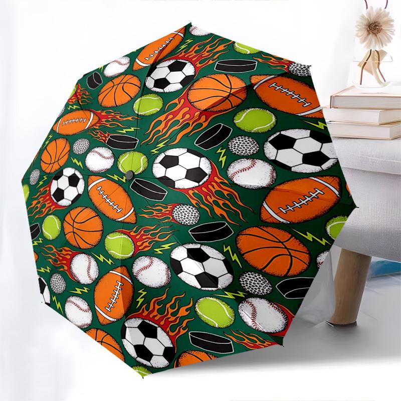

1pc Sports Ball Pattern Automatic Folding Umbrella, Portable Tri-Fold Design with 8-Rib Iron Frame, Perfect for Fans, Travelers, Daily Use, and Gifts.
