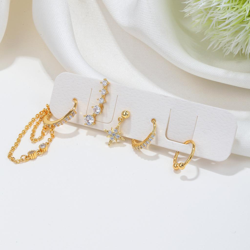 2PCS New Fashion Gold Color Crystal Zirconia Chain Hoop Earrings Women Small Pendant Star Ear Cartilage Earring Piercing Jewelry