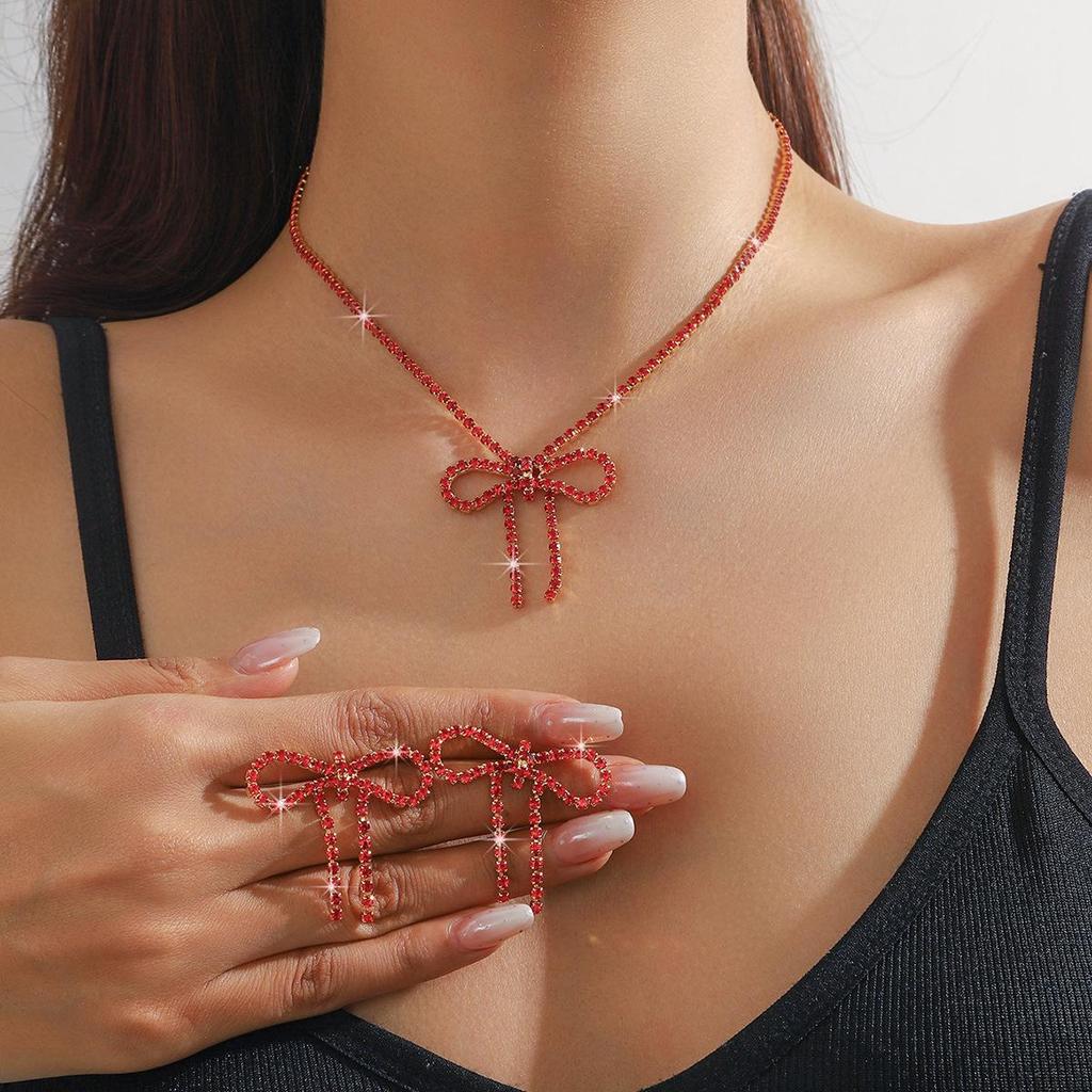 Sparkling Rhinestone Bow Necklace & Earrings Set - Two-Piece for Runway Competitions