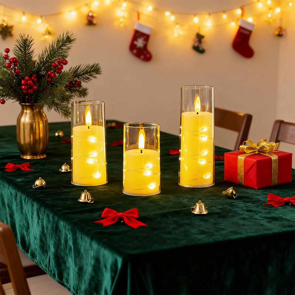 3er-Set flammenlose LED-Kerzen mit integrierter Sternenkette, batteriebetrieben, flackernde LED-Kerzen für die Heimdekoration