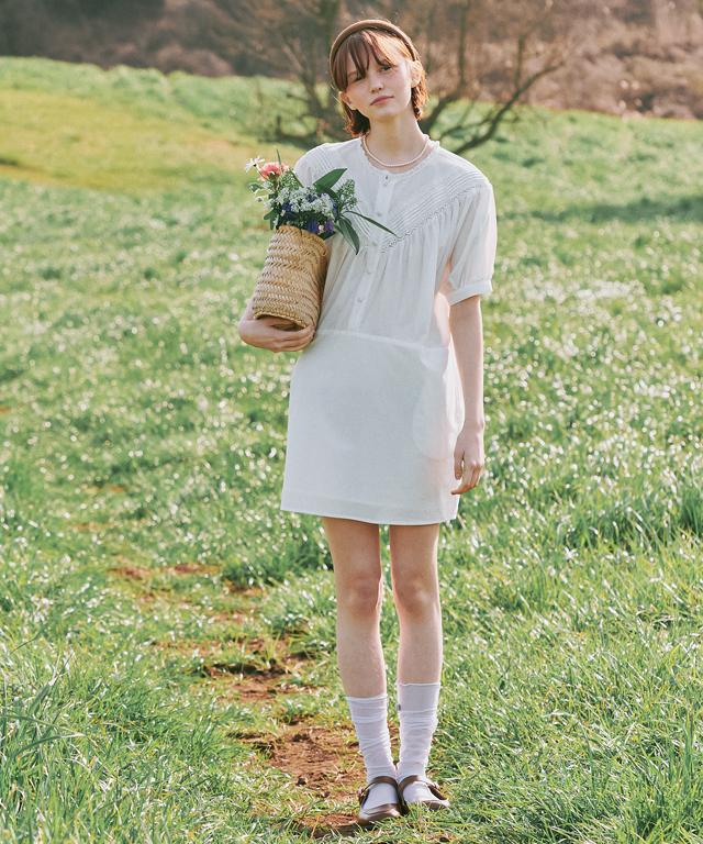 Ronron Pintuck Lace Puff Mini Dress Ivory