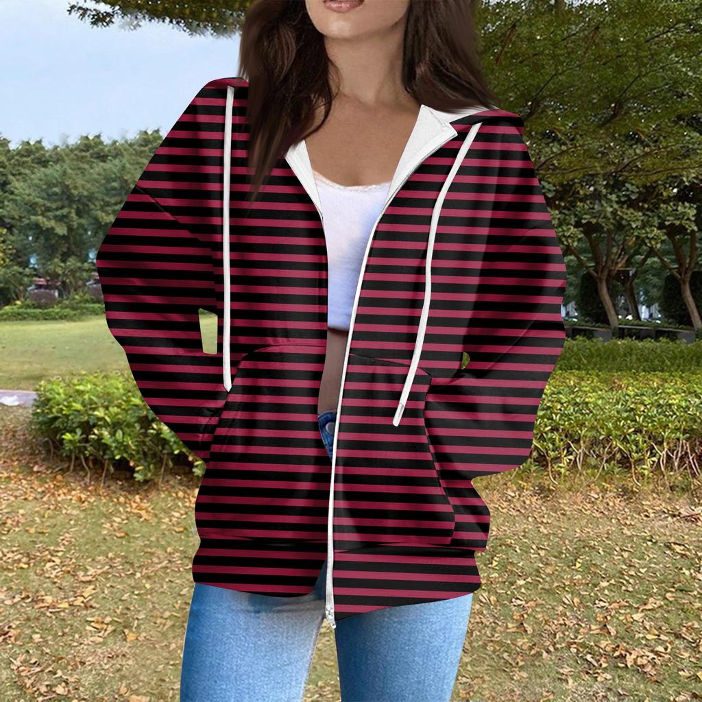 Sudadera con capucha para mujer, informal, de manga larga, con cremallera, estampado de lunares y rayas, ligera, para uso interior y exterior