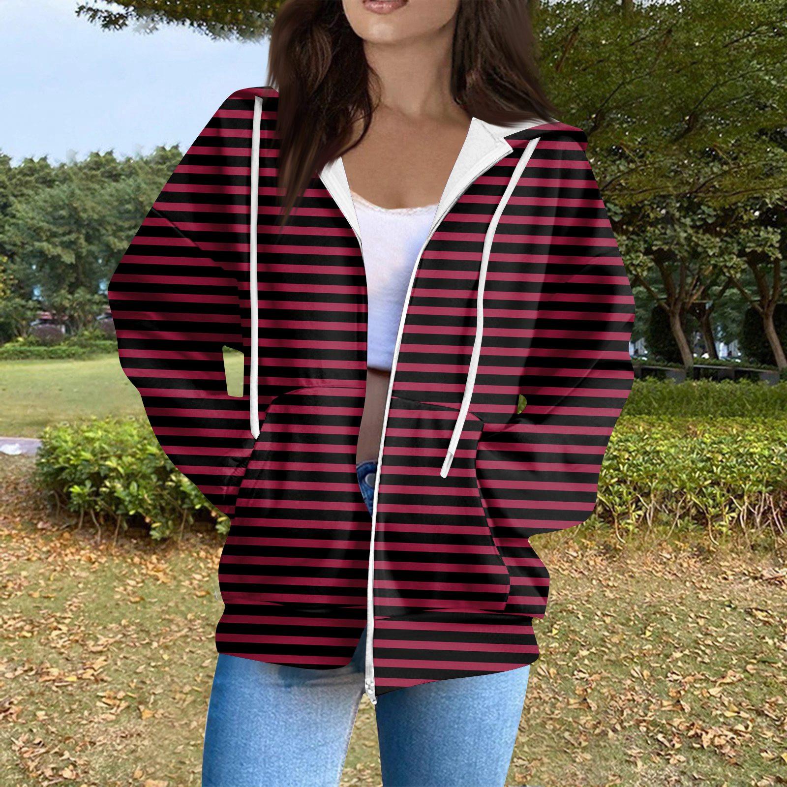 

Женская повседневная модная толстовка с капюшоном, длинным рукавом, молнией, градиентной полоской и принтом M винный