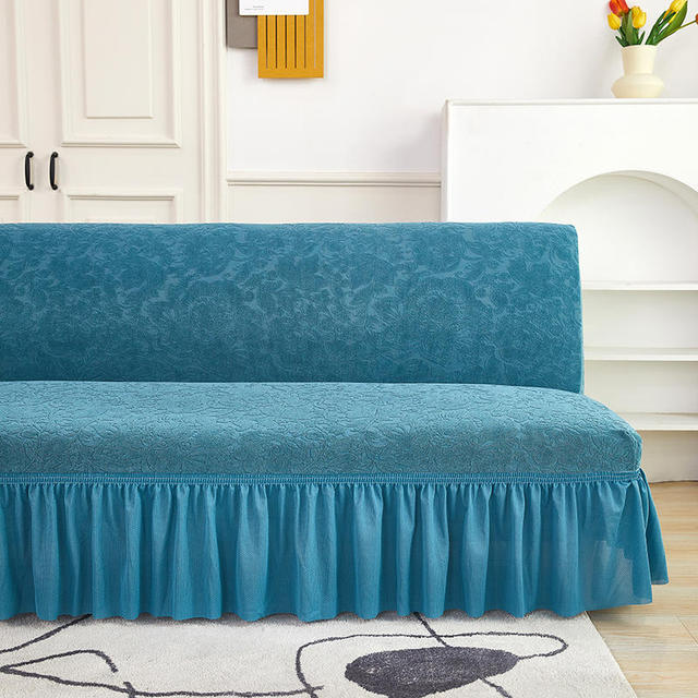 Velvet Jacquard Flower Grid Armless Sofa Cover Washable Elastic Slipcover Fitted Couch Bed Cover With Skirt
