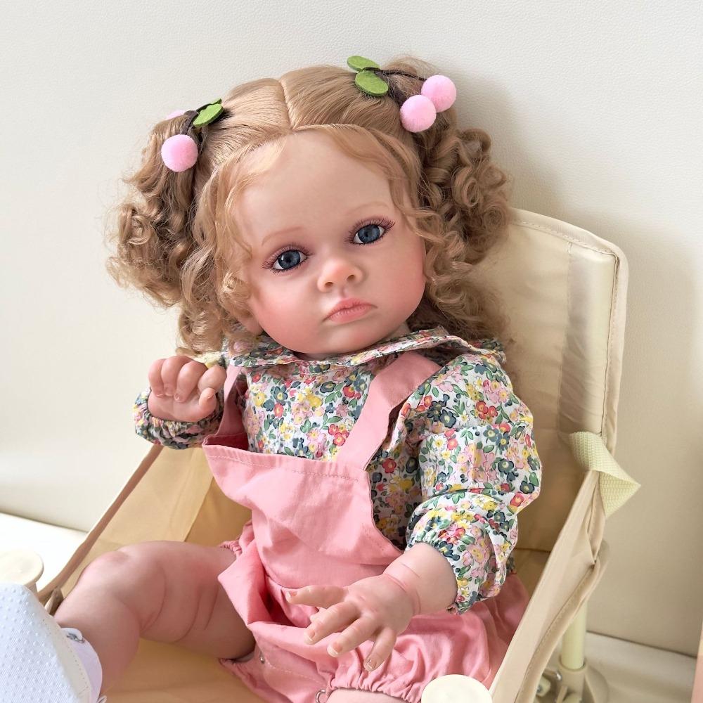 24 Inch Realistic Reborn Baby Dolls Tutti Soft Cloth Body Simulation Doll with Curly Gold Hair Lifelike Newborn Dolls for Kids Toddler Christmas Gift