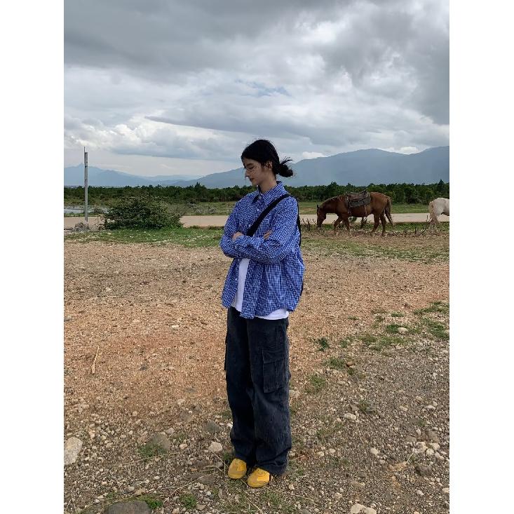 

2024 Клетчатая рубашка с длинным рукавом в японском стиле Гонконга Ins Свободная рубашка для мальчиков Летнее модное универсальное повседневное пальто 2XL синий