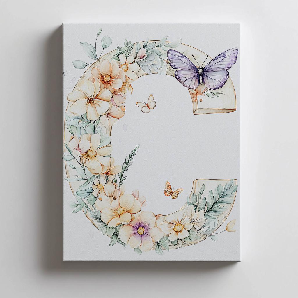 Plakat Kwiatowa Litera "C" Z Motylem Plakat Kwiatowa Litera "C" Z Motylem, 30X40 Cm, Rama Drewniana Biała, Papier Matowy 230 Gsm