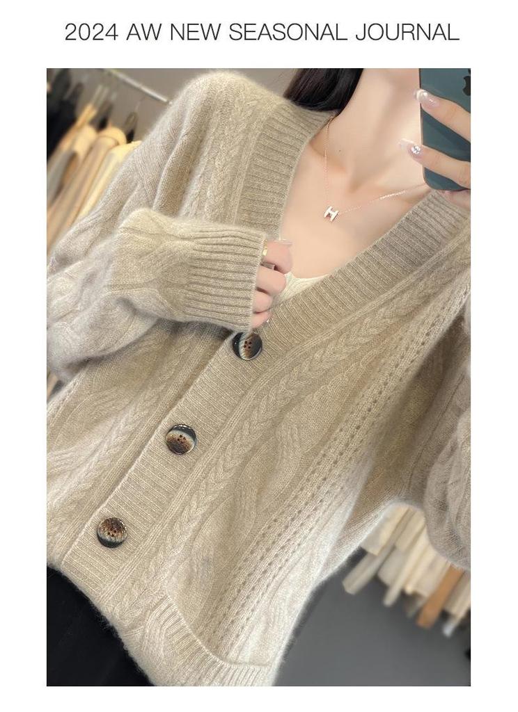 V-neck Pure Wool Loose Knit Cardigan – Long Sleeve Autumn/Winter Sweater