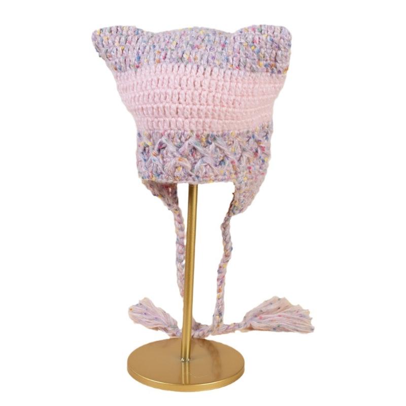 Tassels Knitted Hat Cat Ear for Girls Y2K GIRL Hat with Crocheted Tassels 1 розовый