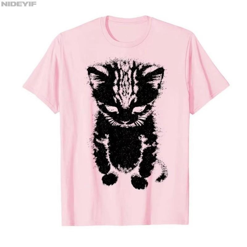 Mens Cotton Graphic Tee Streetwear Sad Kitten Meme Print Short Sleeve T-Shirt Youth Casual Wear