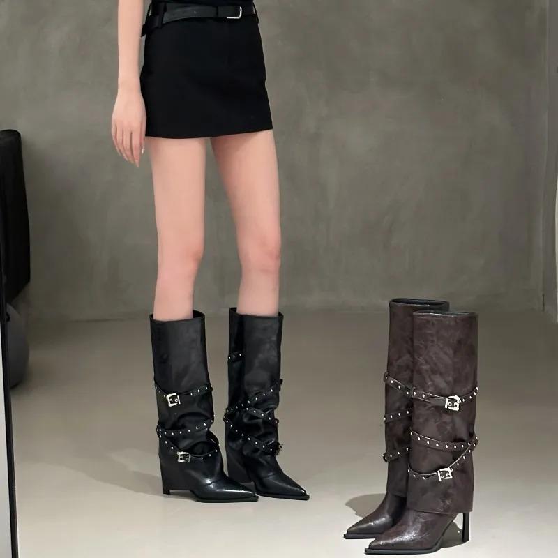 Retro Pointed Thin Heel Western Cowboy Boots for Women's Autumn and Winter New Fashion High Heels Pants Boots