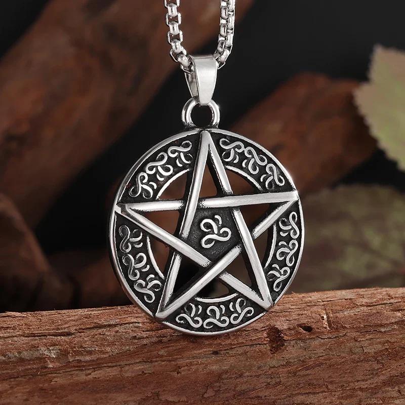 Stainless Steel Witchcraft Pentagram Necklace for Men Jewish Hebrew Four Letter Solomon Pendant Rune Amulet Jewelry