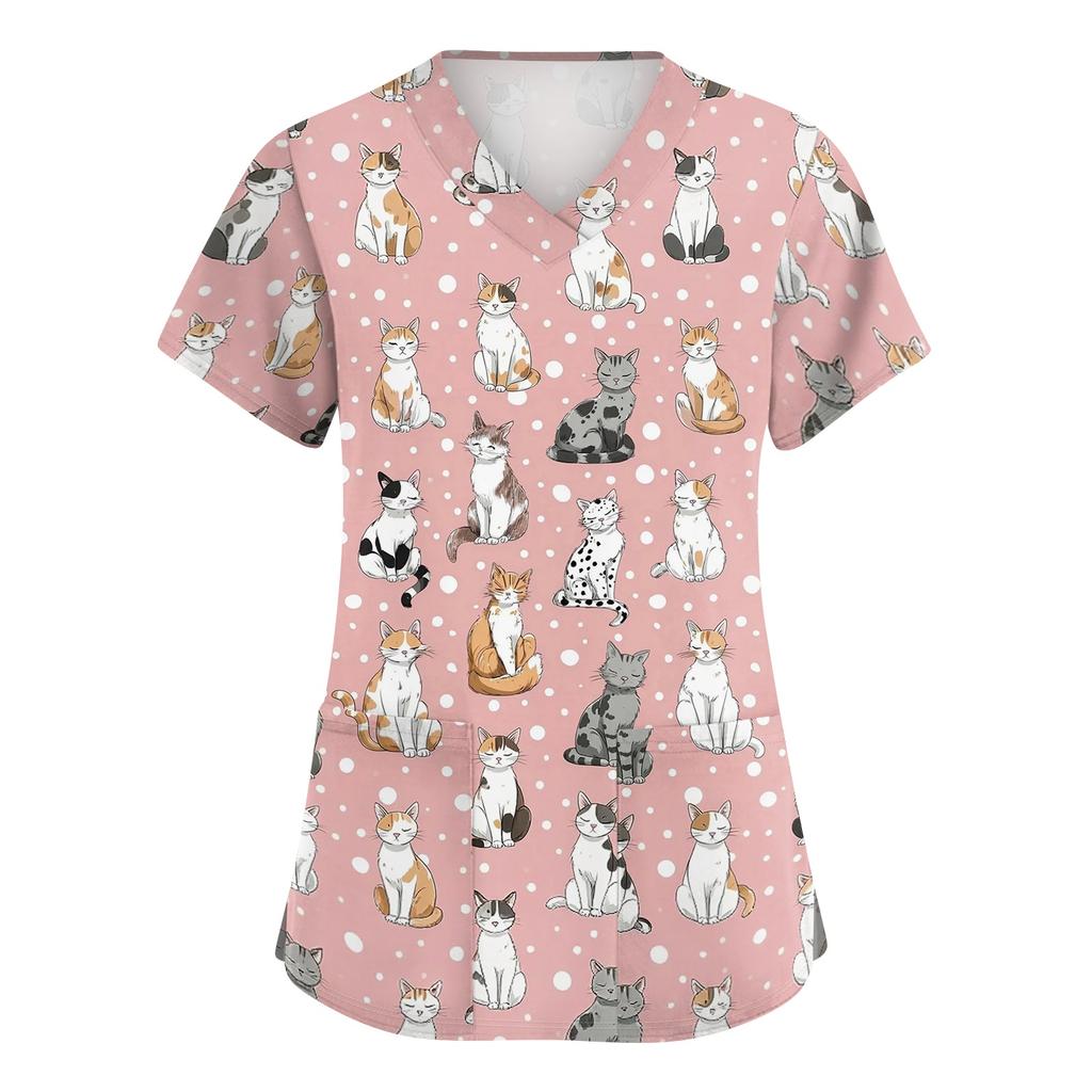 Damen V-Ausschnitt Kurzarm Arbeits-Top mit Seitenschlitzen und Taschen Tierprint Medizinische Uniformbluse für medizinisches Fachpersonal