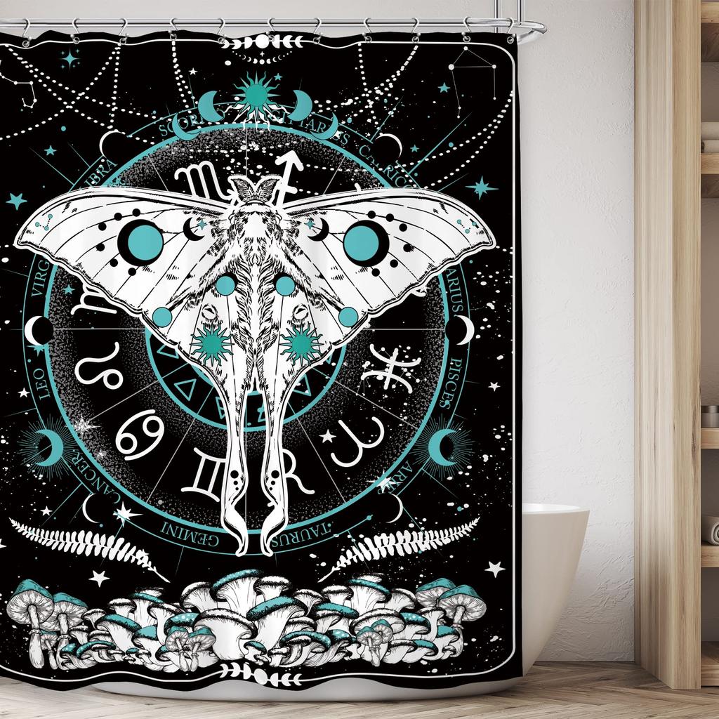 Gold Moth Shower Curtain Moon Phase Curtains For Bathroom Gothic Black Butterfly Moonlit Bath Curtain Psychedelic Bathroon Decor