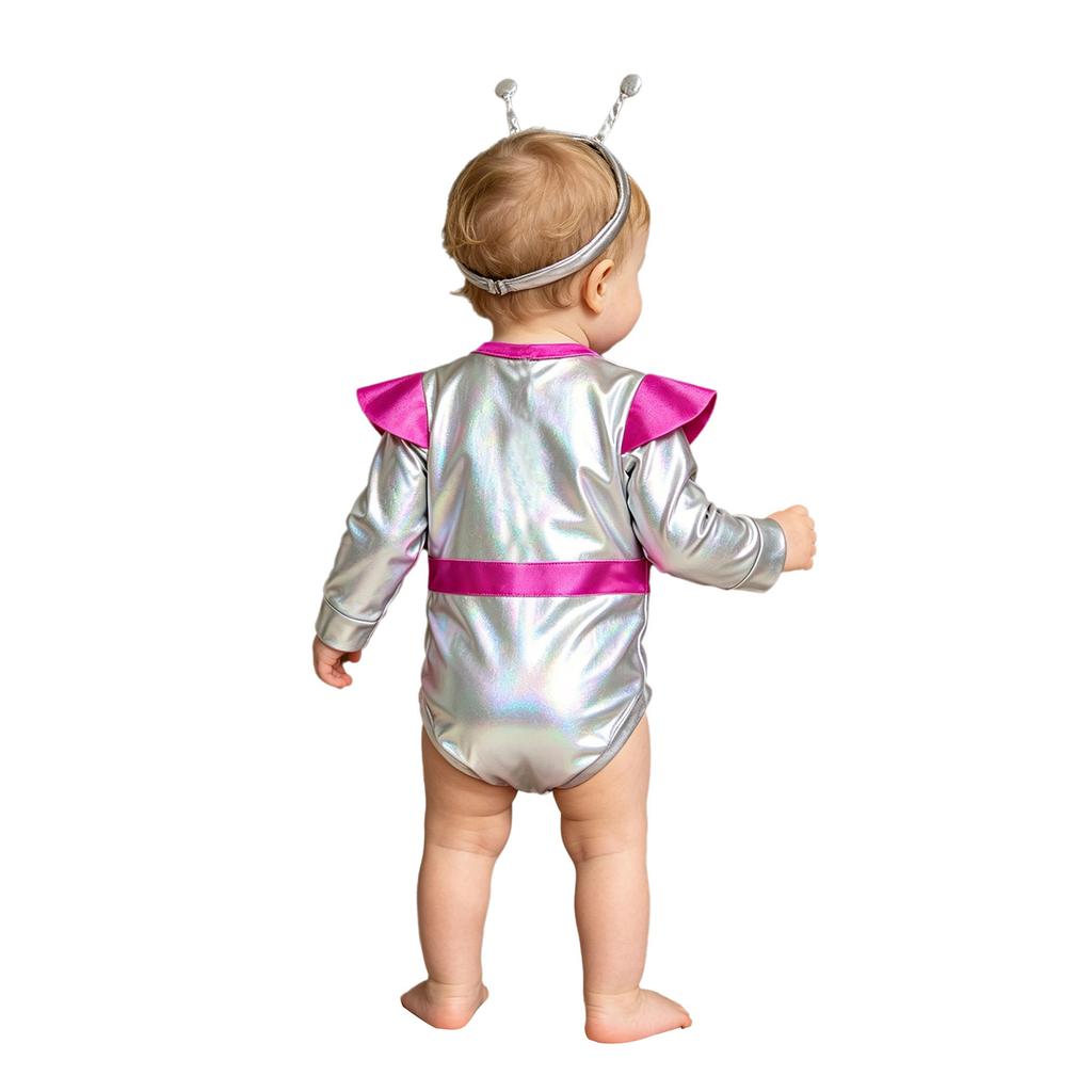 Baby Girls Color Block Alien Outfit Long Sleeve Press Button Crotch Metallic Romper Photography Costume