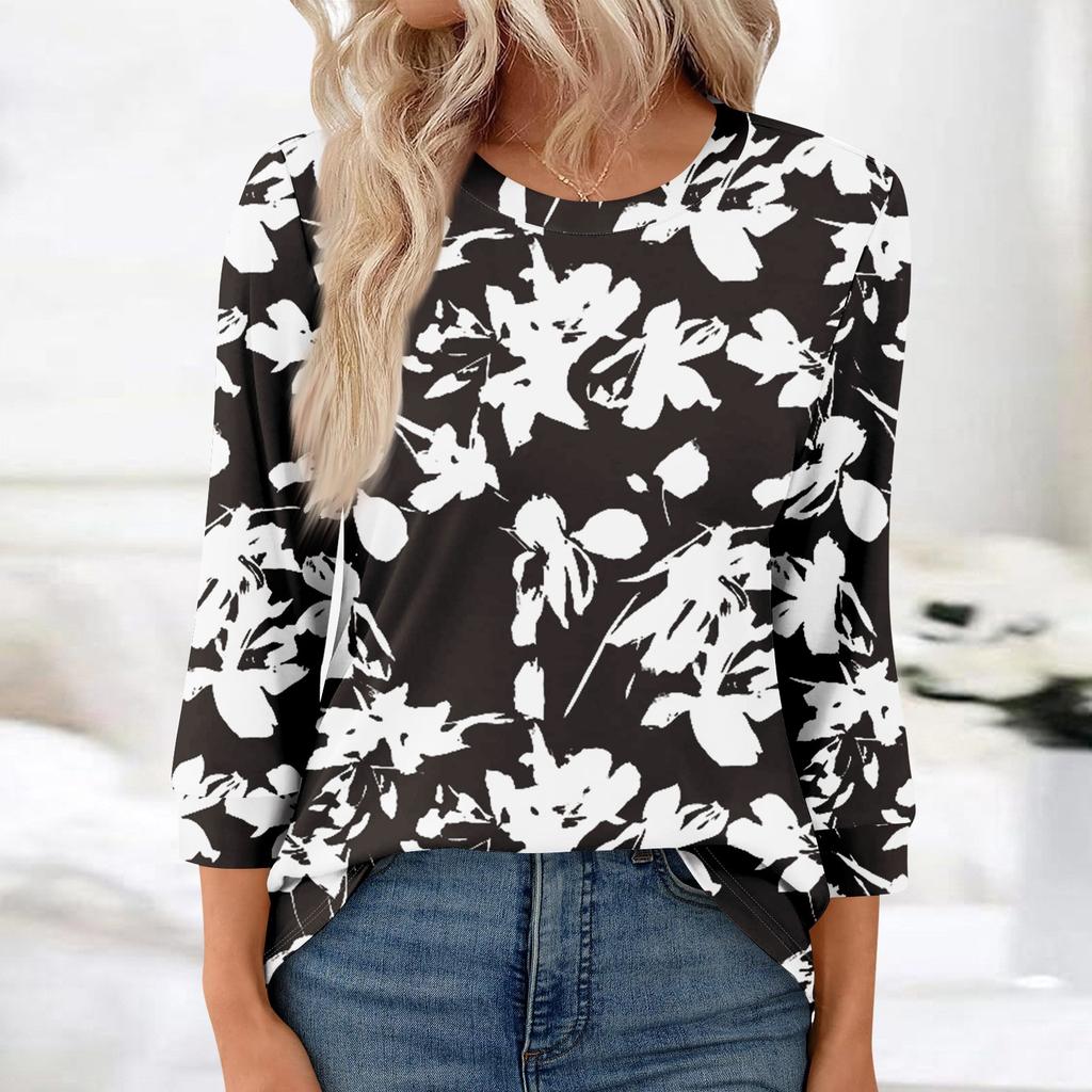 Damenmode, lässig, Rundhalsausschnitt, 3/4-Ärmel, lockeres bedrucktes T-Shirt, Damen-Top