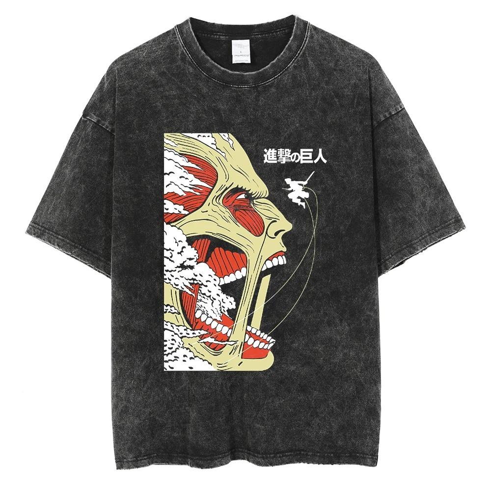 Hotblood Anima Attack on Titan Graphic Print TShirt Men Women Harajuku Vintage Washed Cotton Solf Summer New Tee Oversized Top