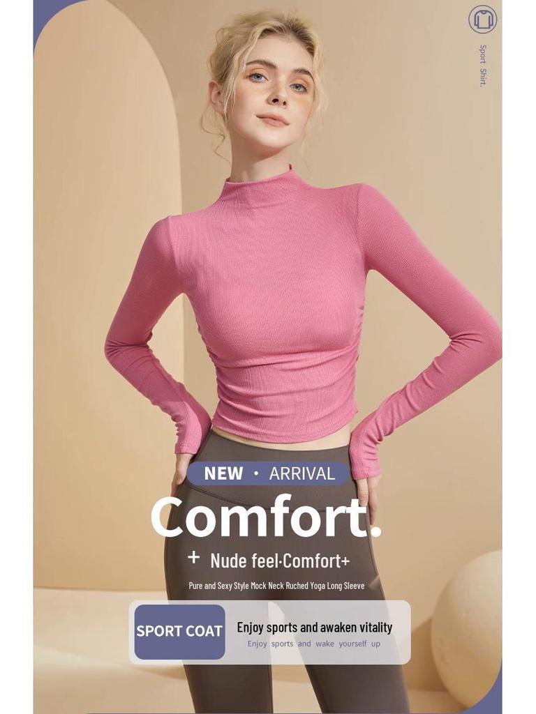 Sexy Slim-Fit Long-Sleeve Fleece Yoga Top with Semi-High Neck