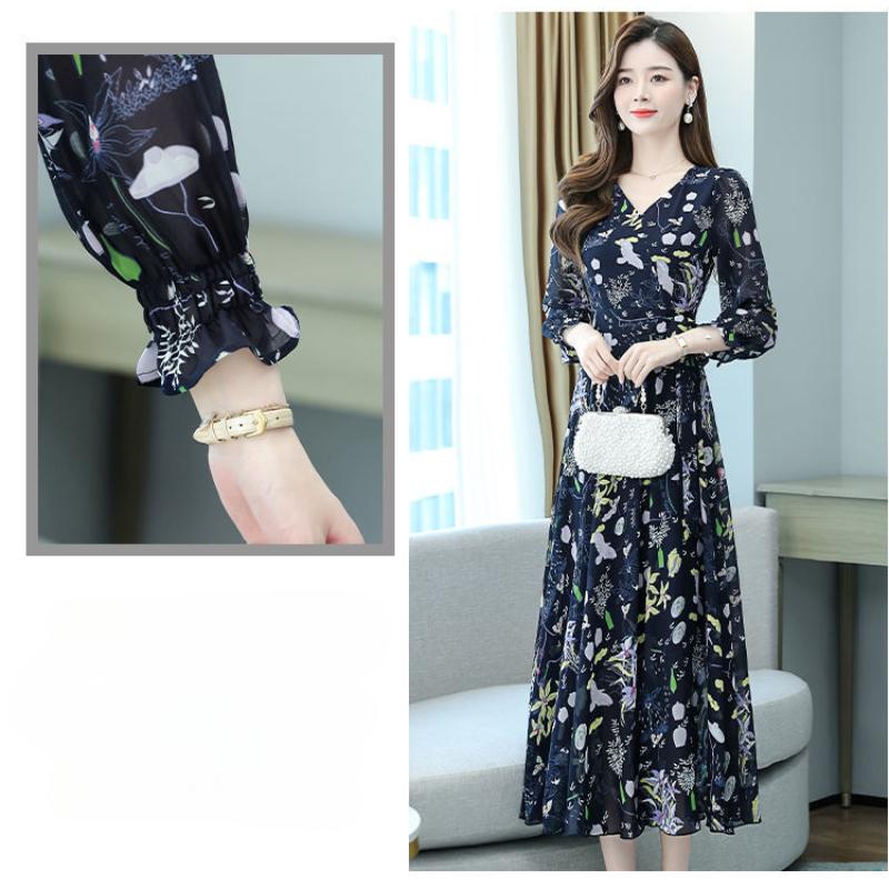 Elegant Floral Print Chiffon Dress Women's Spring Summer French Style V-neck Knee-length Fashionable Empire Waist Dresses